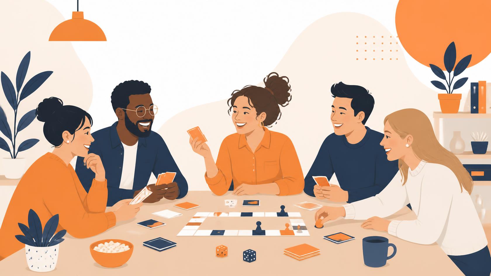 Illustration of a cheerful team playing a board game with cards and dice